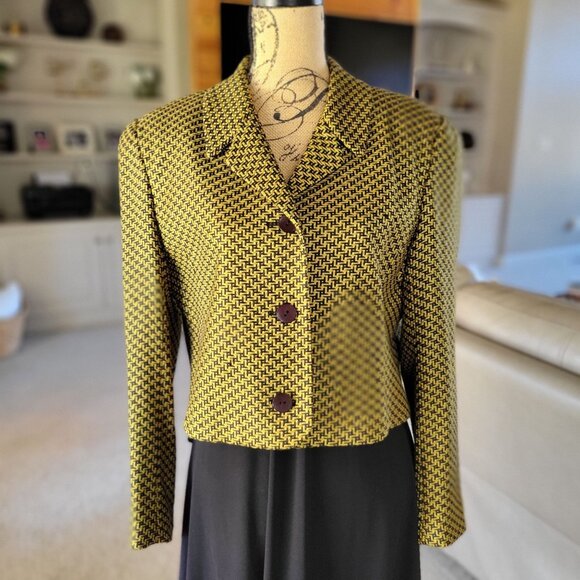Ann May Womens Cropped Blazer Jacket Woven Silk Yellow & Black Patterned-SZ10 - Picture 2 of 8